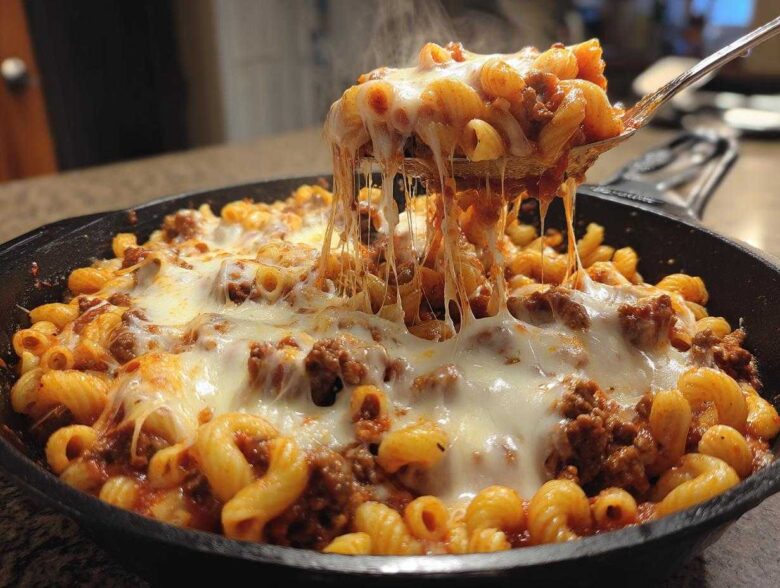 A spoonful of hot Cheesy Ground Beef Pasta Skillet with Mozzarella lifts out of the pan, showing long, melted cheese strings.