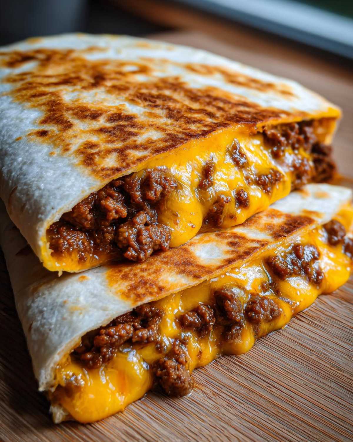 Close-up of a Cheesy Ground Beef Quesadilla cut in half, showing melted cheddar cheese oozing out with seasoned ground beef.