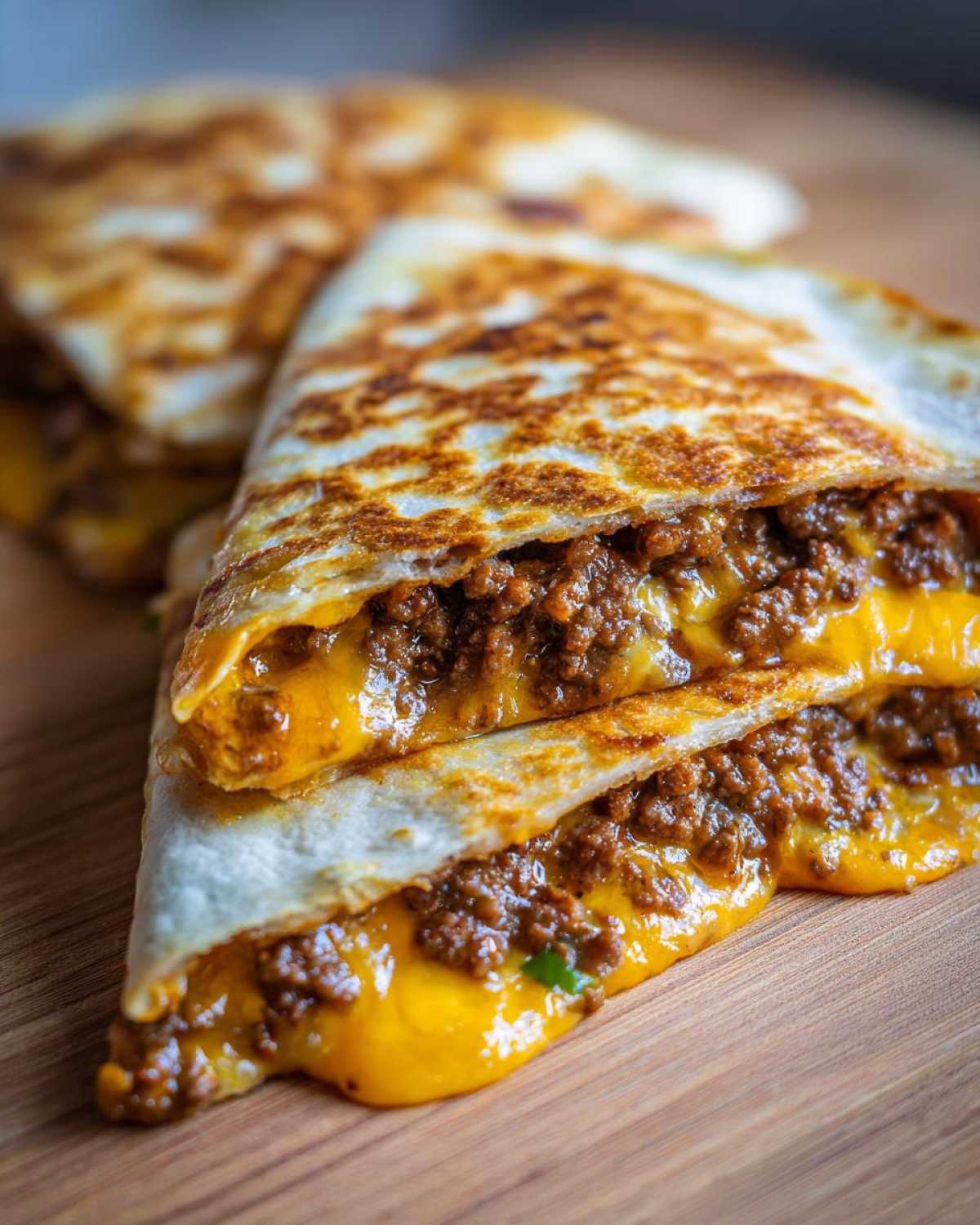 Close-up of a cut Cheesy Ground Beef Quesadilla Easy Recipe showing melted cheddar cheese and seasoned ground beef filling.