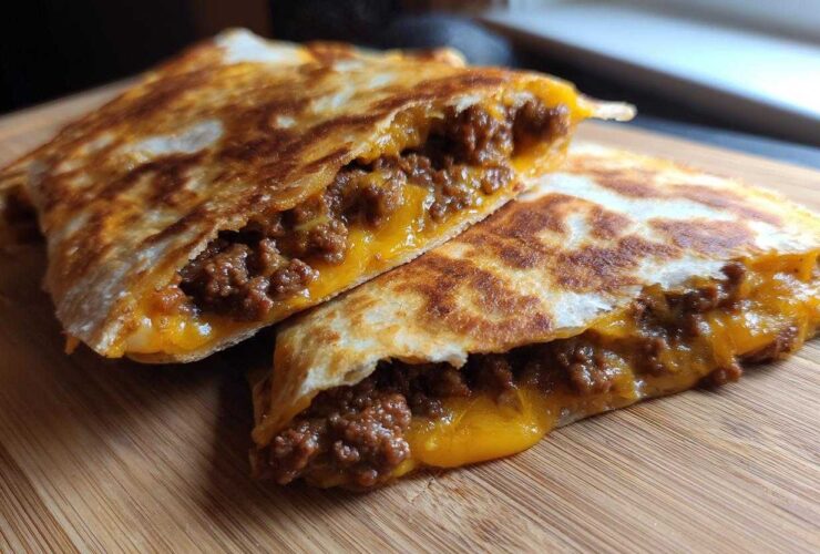 Two halves of a golden-brown Cheesy Ground Beef Quesadilla cut open, showing melted cheddar cheese and seasoned ground beef filling.