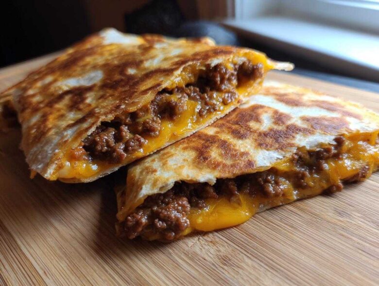 Two halves of a golden-brown Cheesy Ground Beef Quesadilla cut open, showing melted cheddar cheese and seasoned ground beef filling.