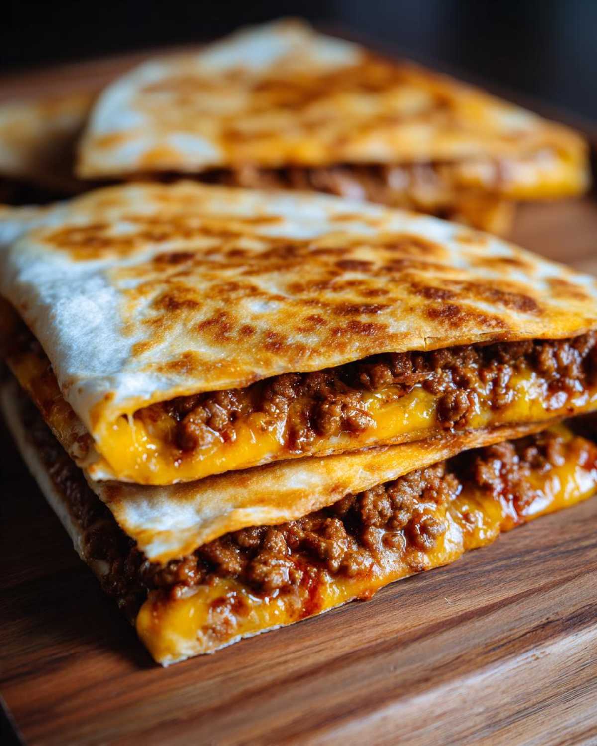 A stack of two halves of a Cheesy Ground Beef Quesadilla Easy Recipe, showing melted cheese and seasoned ground beef.