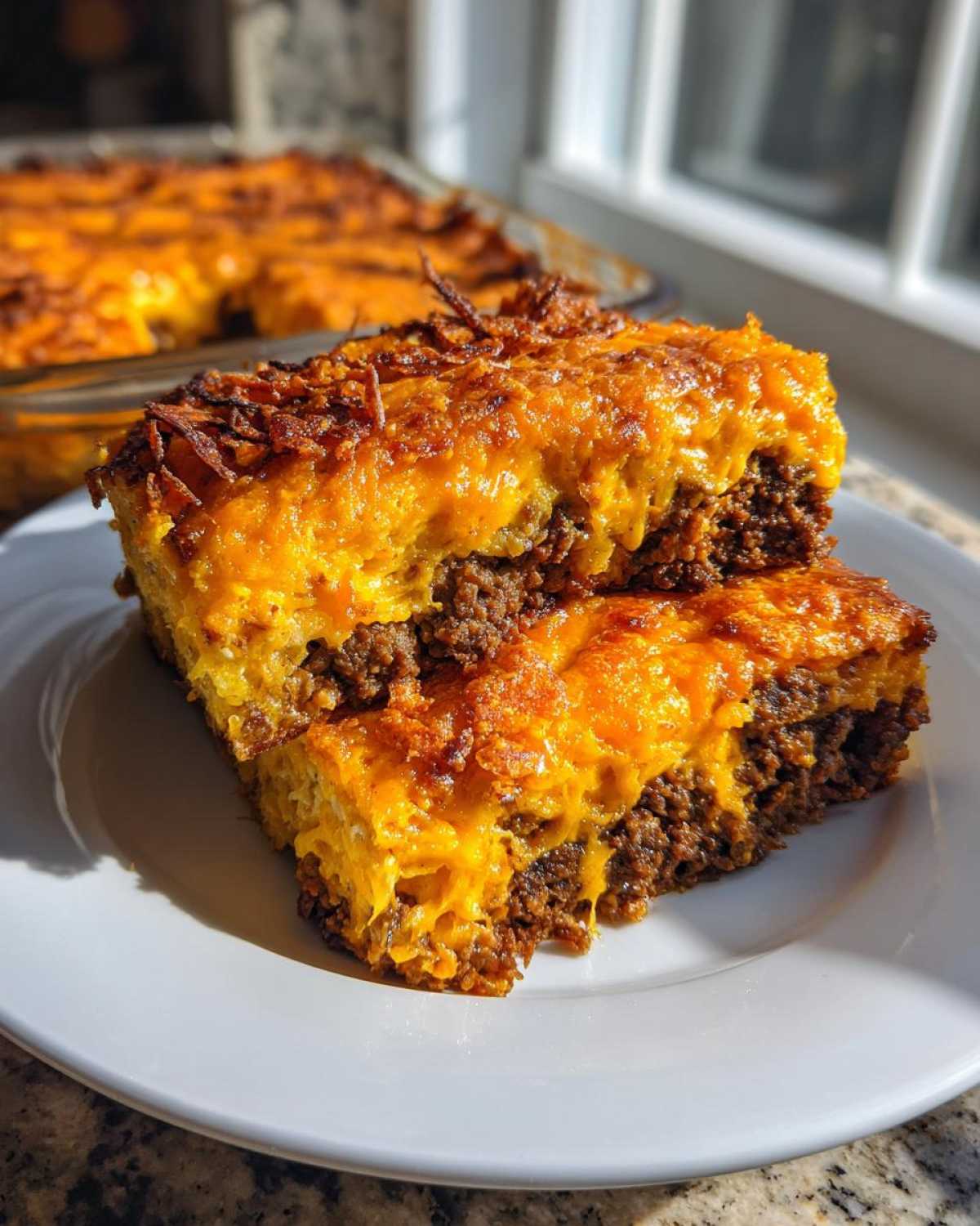Two stacked squares of Cheesy Ground Beef Queso Bake Comfort Dish on a white plate, showing a thick layer of seasoned ground beef beneath melted orange cheese.