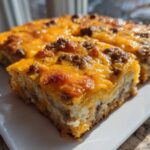 Close-up of a square slice of Cheesy Ground Beef Queso Bake Comfort Dish with melted cheddar cheese topping.