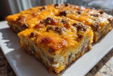 Close-up of a square slice of Cheesy Ground Beef Queso Bake Comfort Dish with melted cheddar cheese topping.