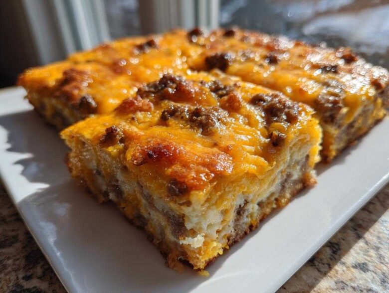 Close-up of a square slice of Cheesy Ground Beef Queso Bake Comfort Dish with melted cheddar cheese topping.