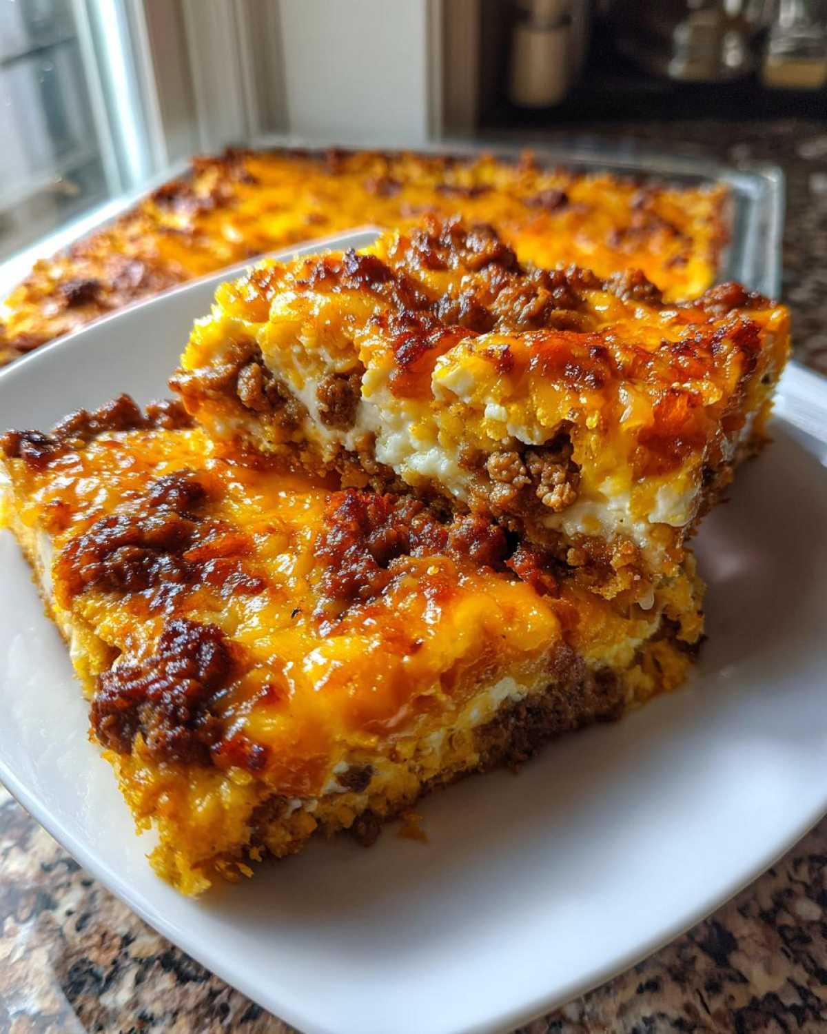 Two stacked slices of Cheesy Ground Beef Queso Bake Comfort Dish with melted orange cheese and ground beef topping.
