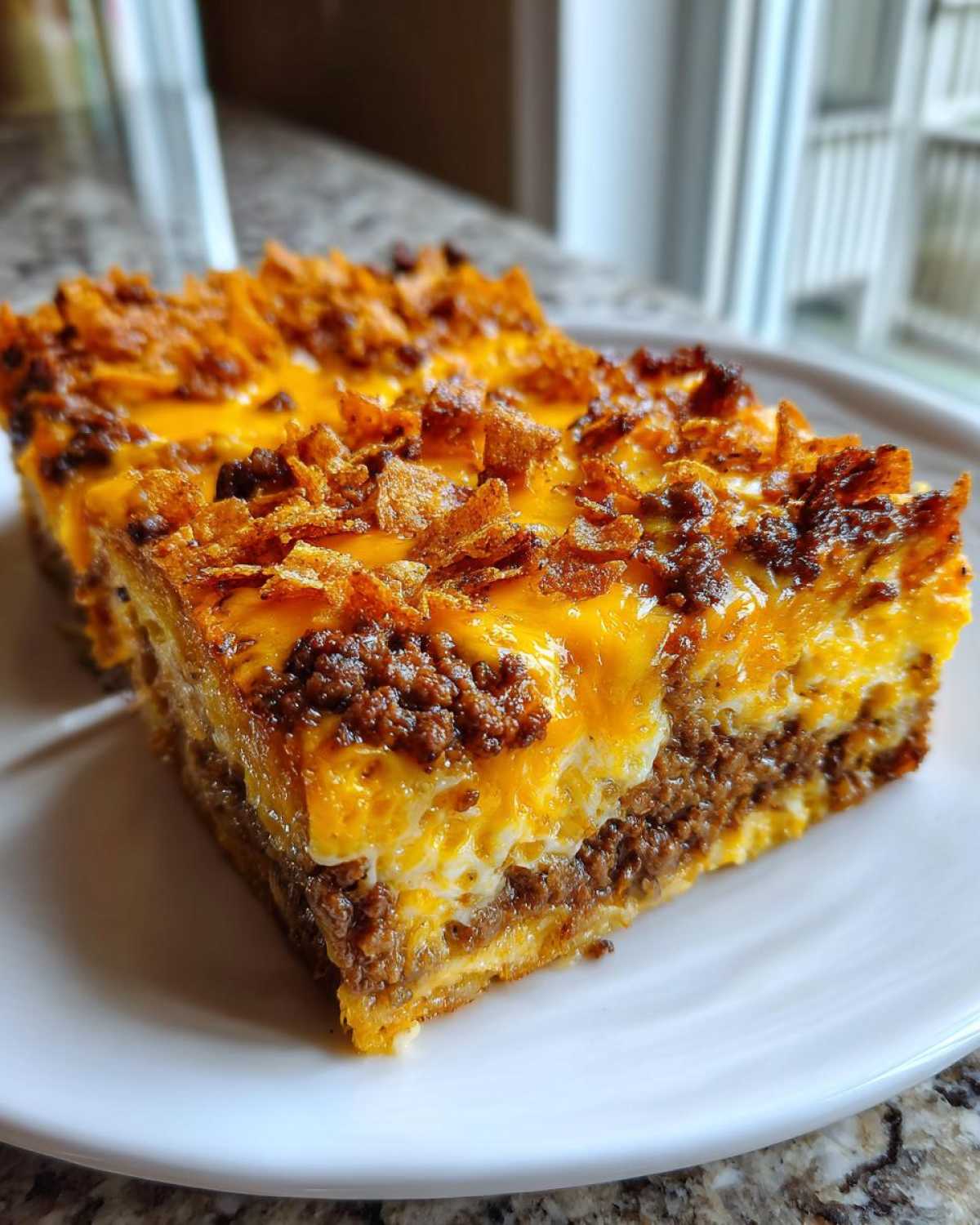Two slices of Cheesy Ground Beef Queso Bake Comfort Dish topped with melted cheese and crunchy topping.