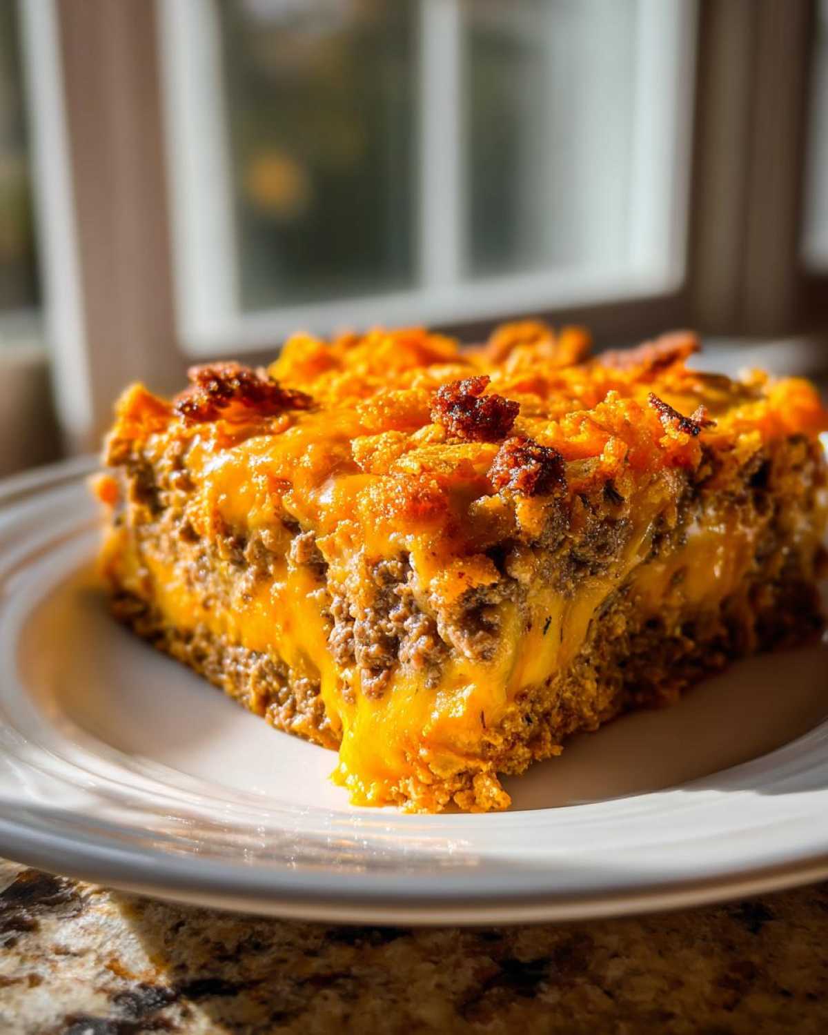 Close-up of a square slice of Cheesy Ground Beef Queso Bake Comfort Dish oozing melted cheese.