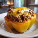 Close-up of a bright yellow stuffed pepper filled with ground beef and rice, topped with melted cheese.