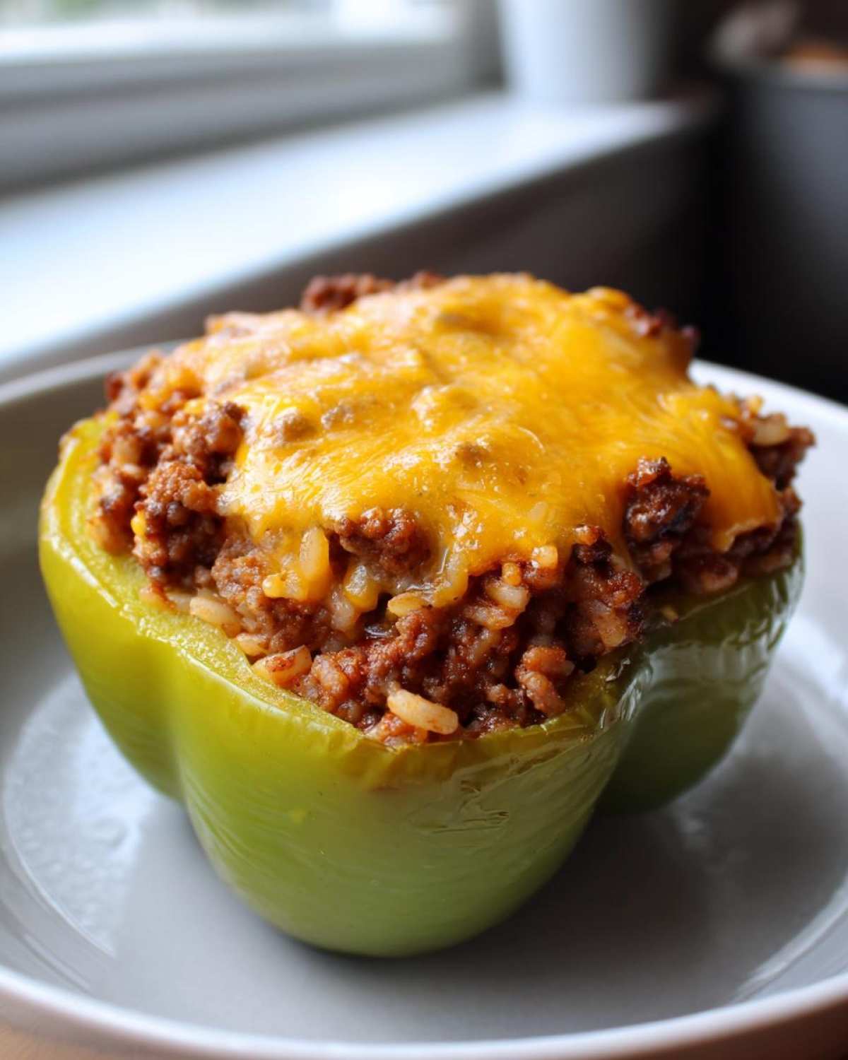 A single, vibrant green Cheesy Ground Beef Stuffed Pepper with Rice, topped with melted cheddar cheese.