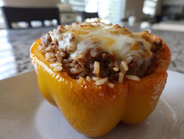 A close-up of one baked yellow bell pepper filled with Cheesy Ground Beef Stuffed Peppers with Rice mixture.