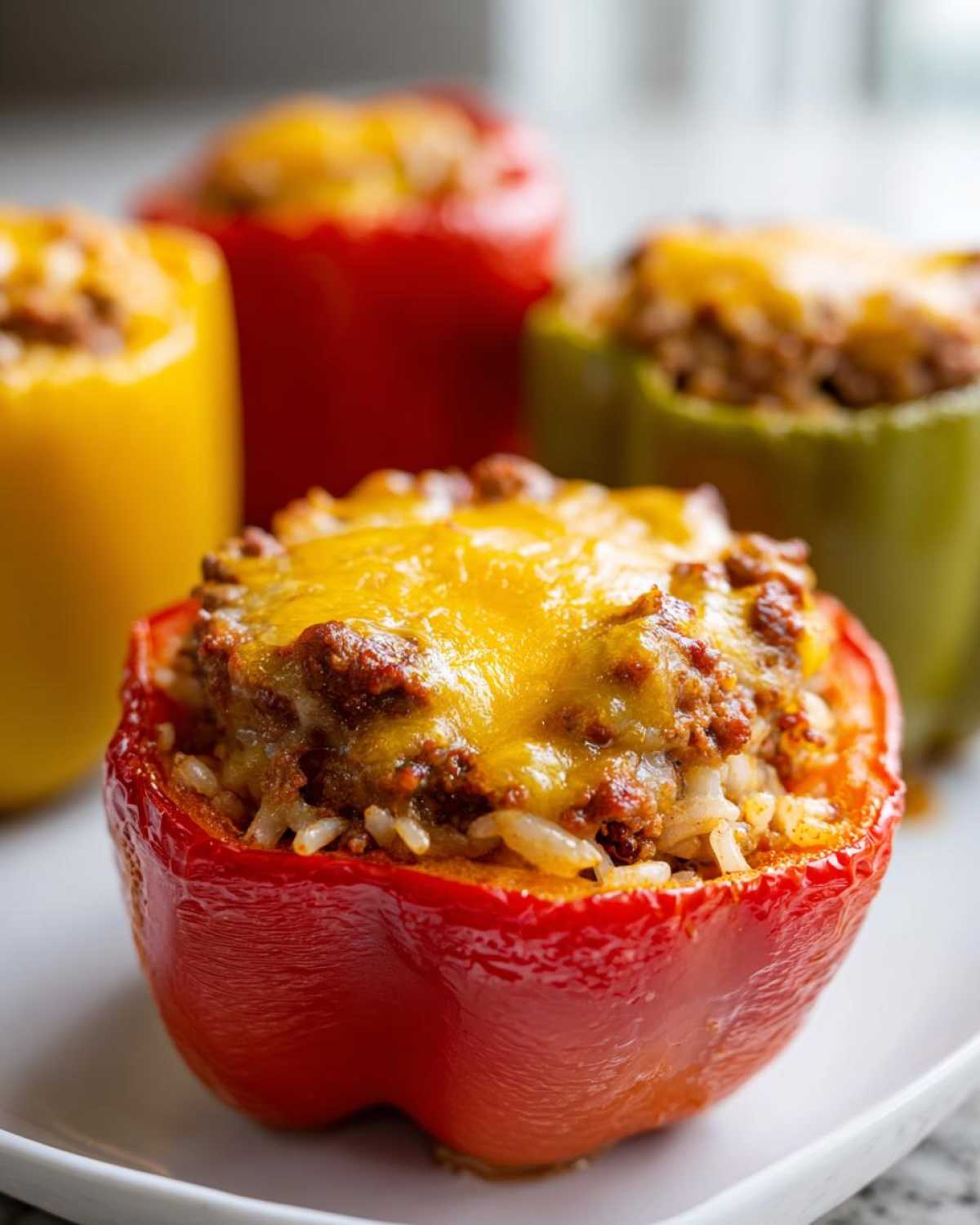 Close-up of a vibrant red Cheesy Ground Beef Stuffed Peppers with Rice, topped with melted cheddar cheese.