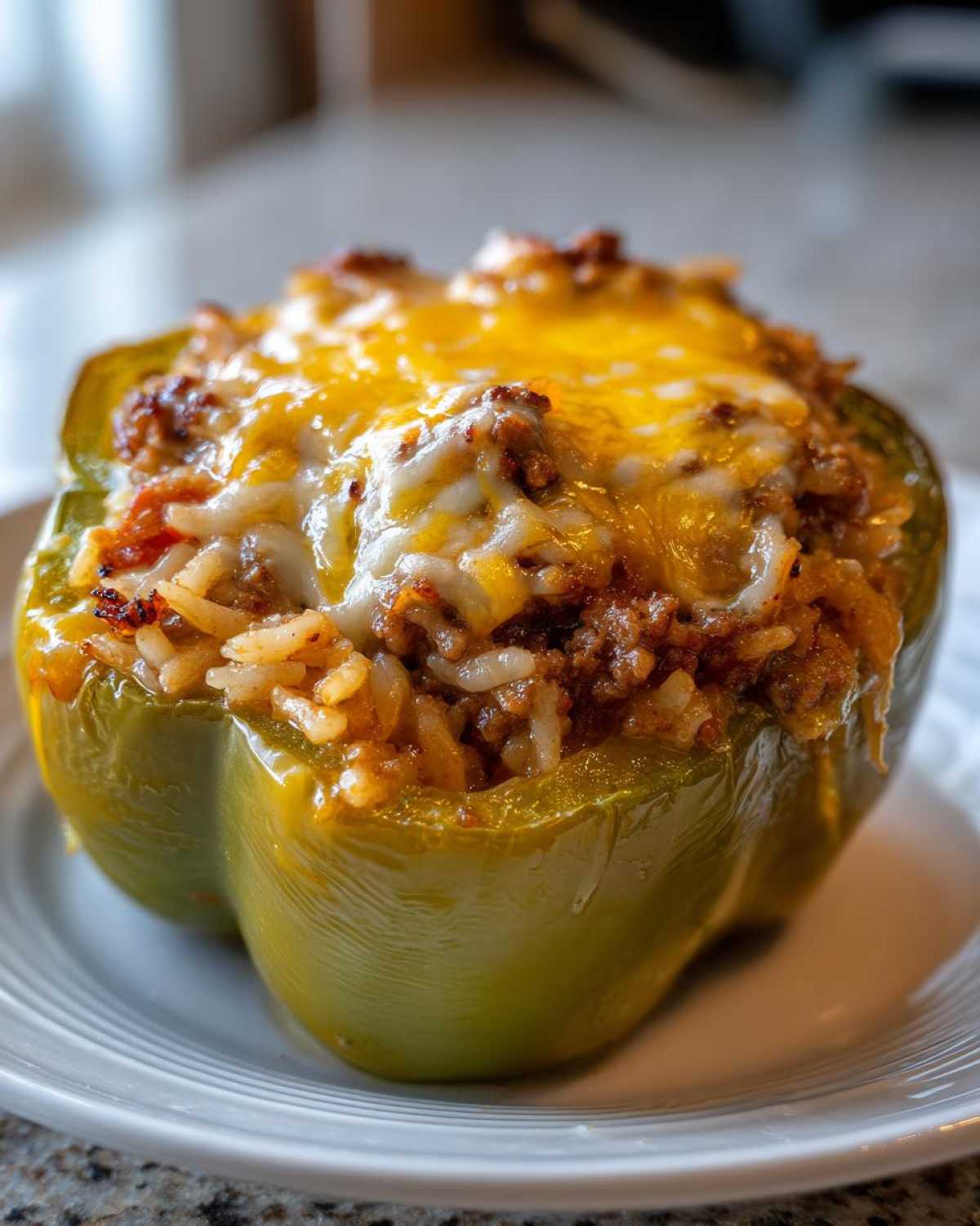 Close-up of a single green Cheesy Ground Beef Stuffed Pepper with Rice, topped with melted cheddar cheese.