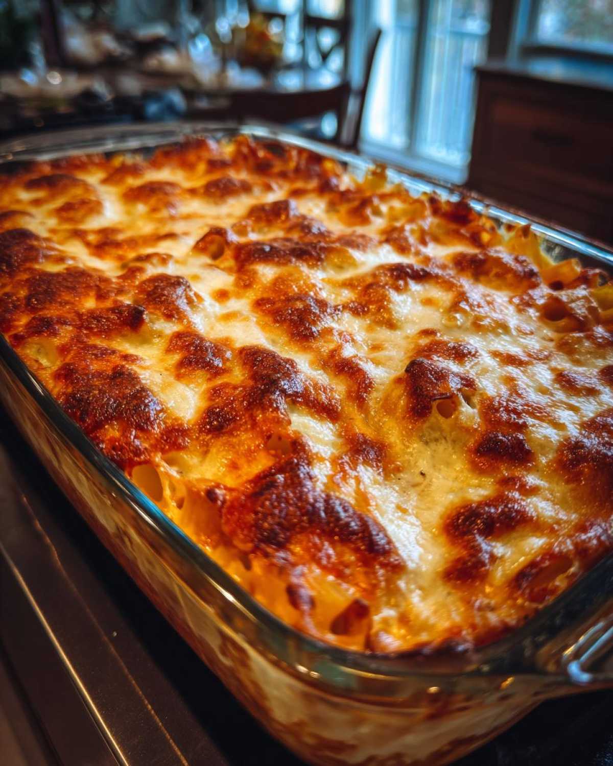 Close-up of a bubbling Cheesy Pasta Bake with Creamy Tomato Sauce, featuring a deeply browned, golden cheese crust.