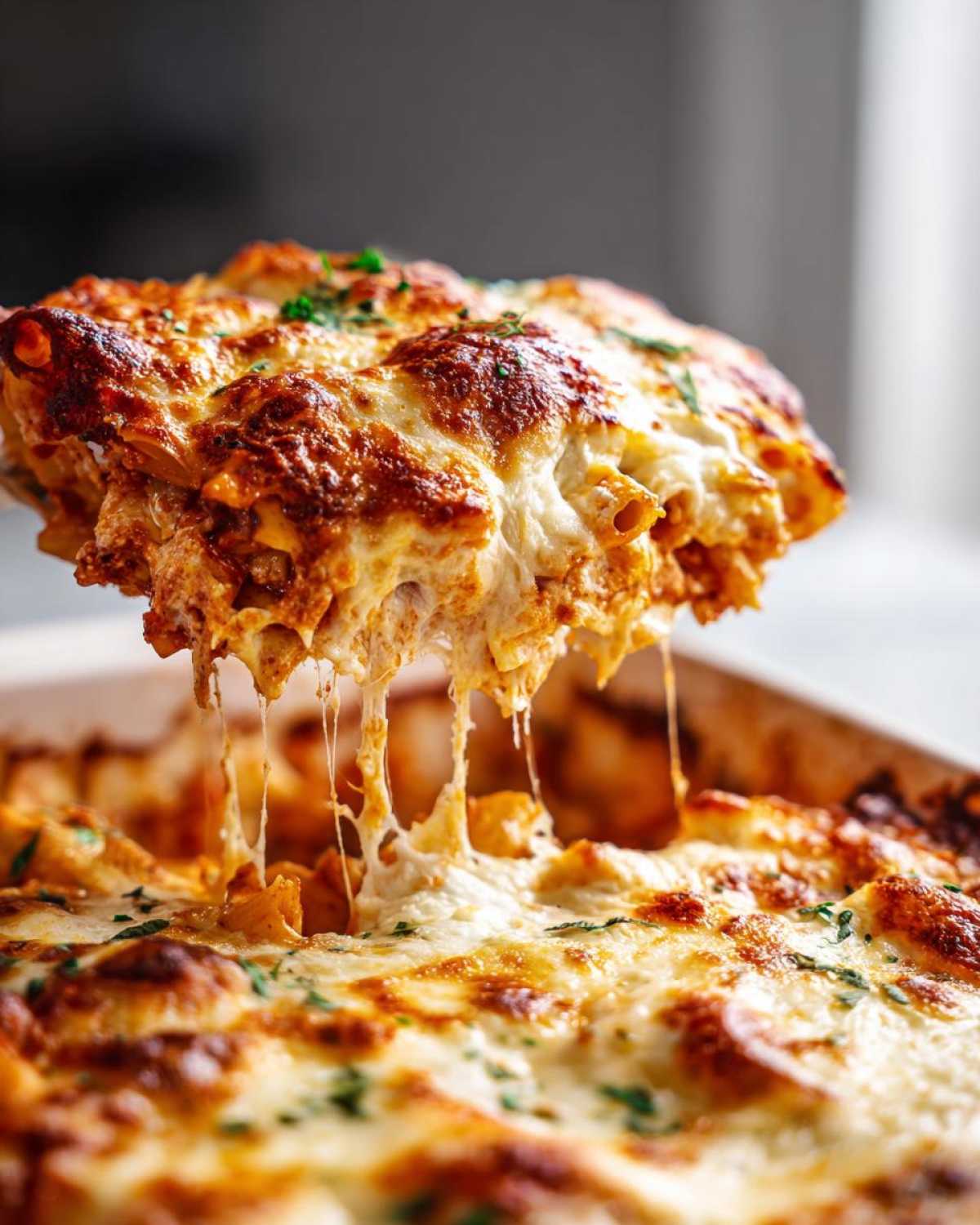 A serving being lifted from a Cheesy Pasta Bake with Creamy Tomato Sauce, showing extreme cheese pull and a golden brown top.