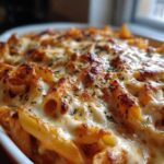 Extreme close-up of a freshly baked Cheesy Pasta Bake with Creamy Tomato Sauce, featuring melted, browned cheese and herbs.
