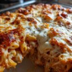 A close-up, macro shot of a freshly baked Cheesy Pasta Bake with Creamy Tomato Sauce, featuring bubbly, browned mozzarella cheese topping.