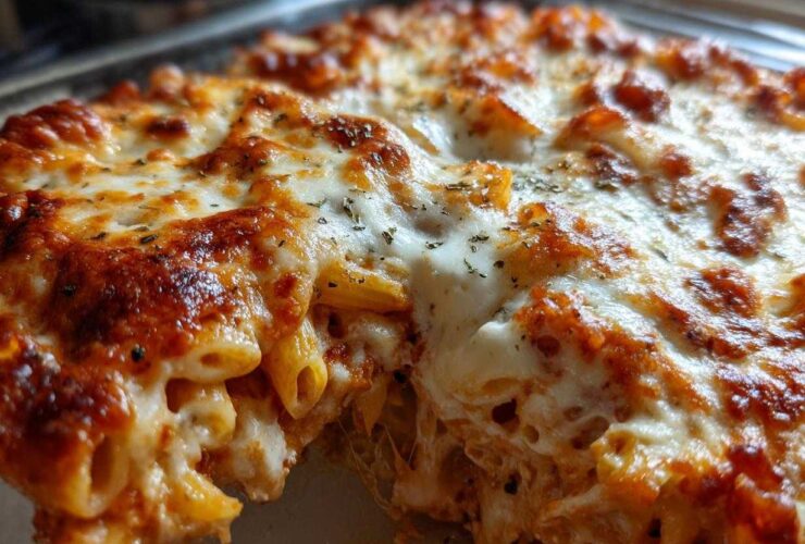 A close-up, macro shot of a freshly baked Cheesy Pasta Bake with Creamy Tomato Sauce, featuring bubbly, browned mozzarella cheese topping.