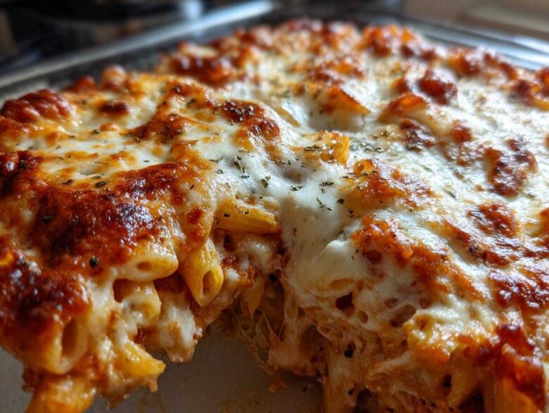 A close-up, macro shot of a freshly baked Cheesy Pasta Bake with Creamy Tomato Sauce, featuring bubbly, browned mozzarella cheese topping.
