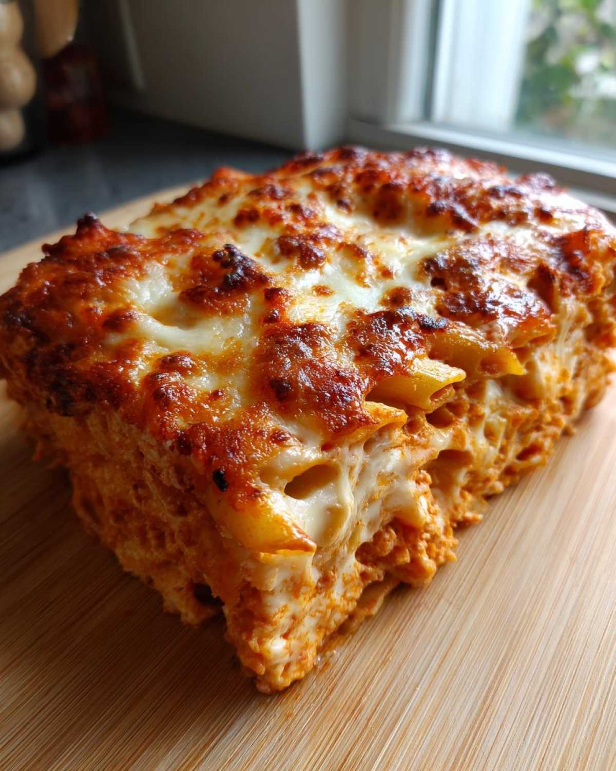 A thick slice of Cheesy Pasta Bake with Creamy Tomato Sauce, featuring a golden, bubbly cheese crust.