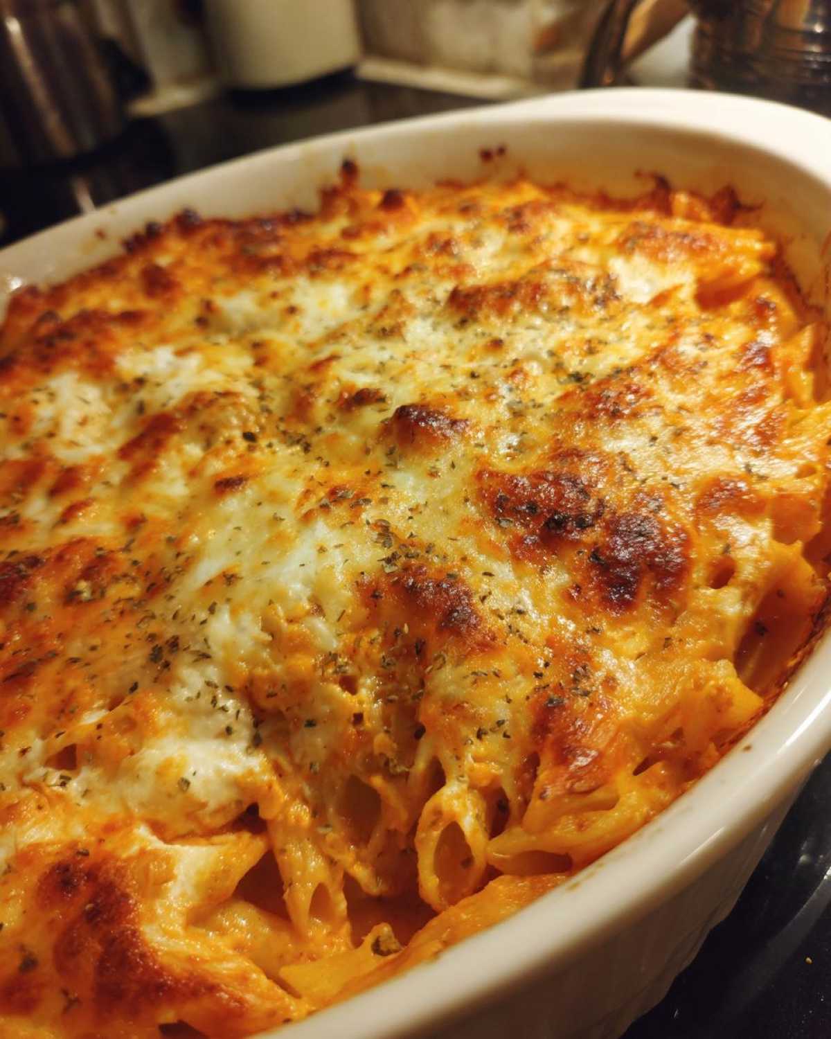 Close-up of a baked Cheesy Pasta Bake with Creamy Tomato Sauce, featuring a bubbling, golden-brown cheese crust and herbs.