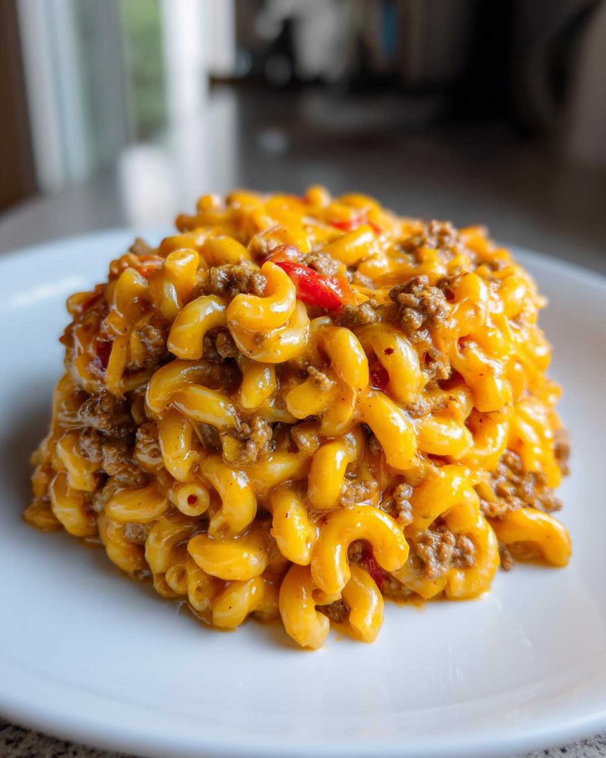 A serving of Cheesy Taco Pasta One Pot Dinner Idea featuring elbow macaroni coated in orange cheese sauce with ground beef and red peppers.