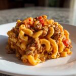 A close-up serving of Cheesy Taco Pasta One Pot Dinner Idea with elbow macaroni, seasoned ground beef, and diced tomatoes on a white plate.