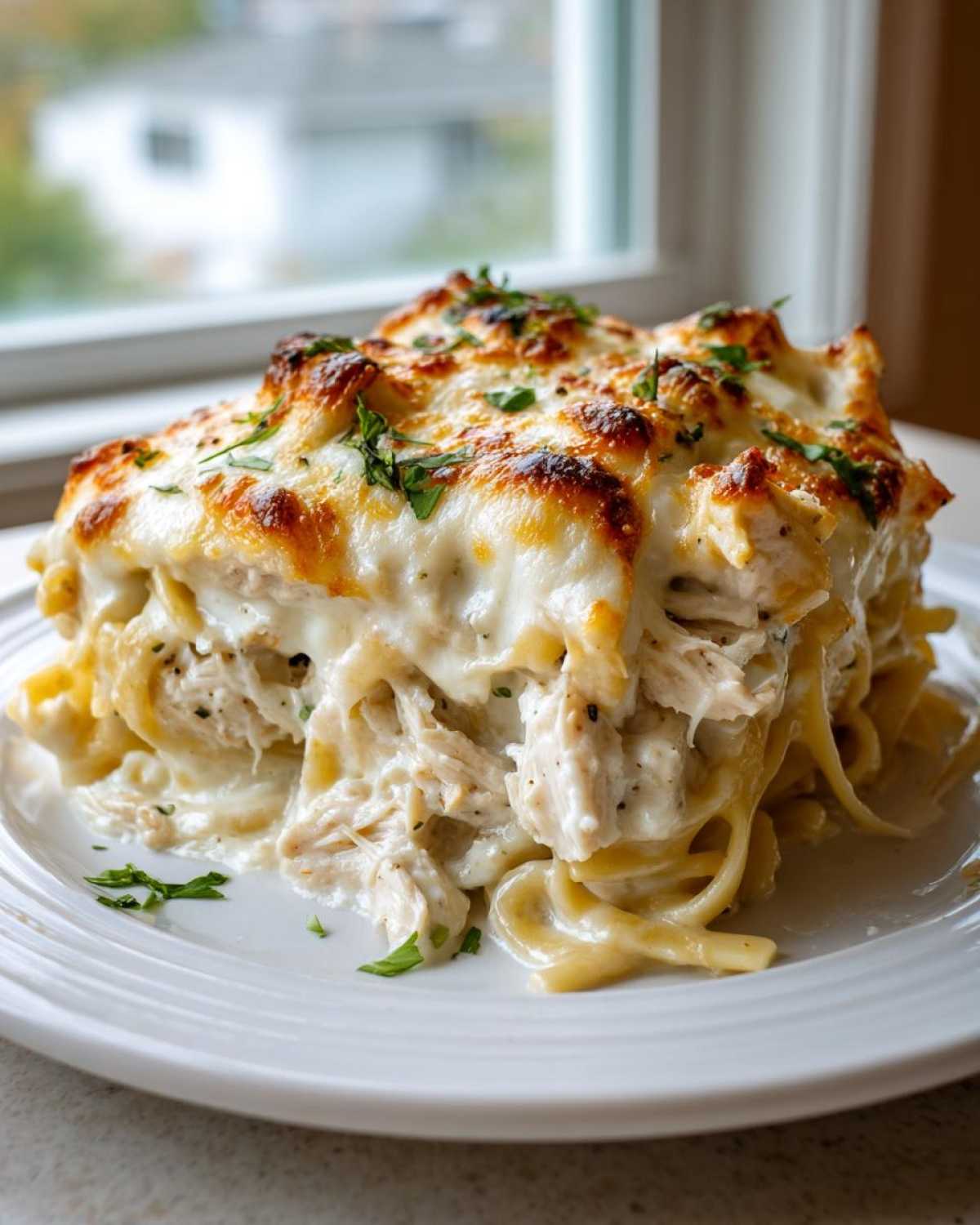 A generous serving of Creamy Alfredo Chicken Bake featuring shredded chicken, pasta, and a bubbly, golden-brown cheese topping.