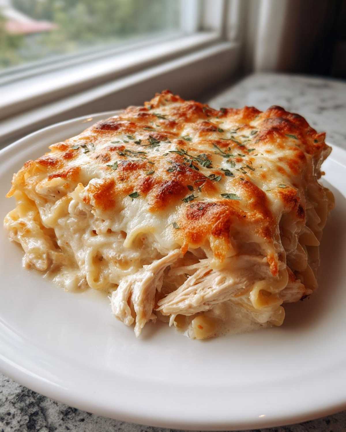 A square serving of Creamy Alfredo Chicken Bake, showing shredded chicken and pasta under a bubbly, browned cheese crust.