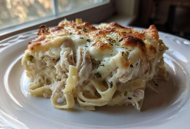 A generous serving of Creamy Alfredo Chicken Bake Easy Comfort Meal with melted, browned cheese topping.