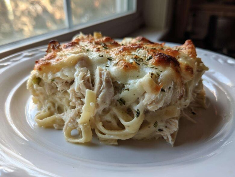 A generous serving of Creamy Alfredo Chicken Bake Easy Comfort Meal with melted, browned cheese topping.