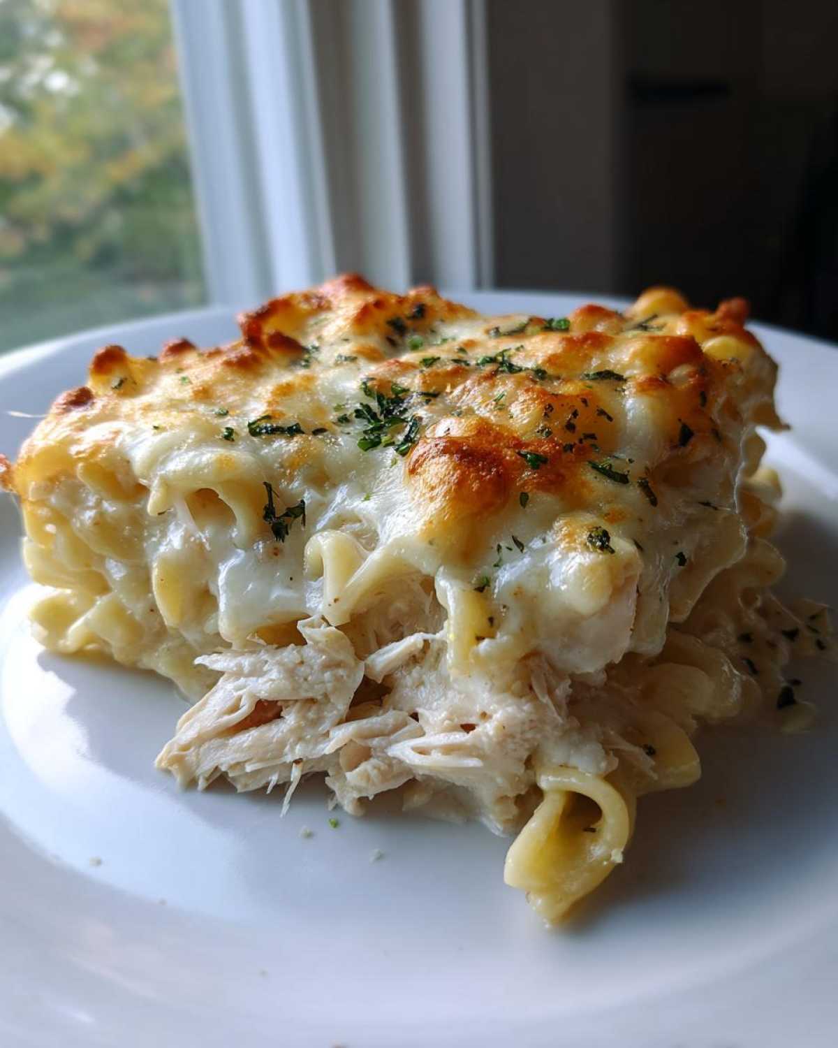 A close-up of a serving of Creamy Alfredo Chicken Bake showing shredded chicken, pasta, and a bubbly, browned cheese topping.