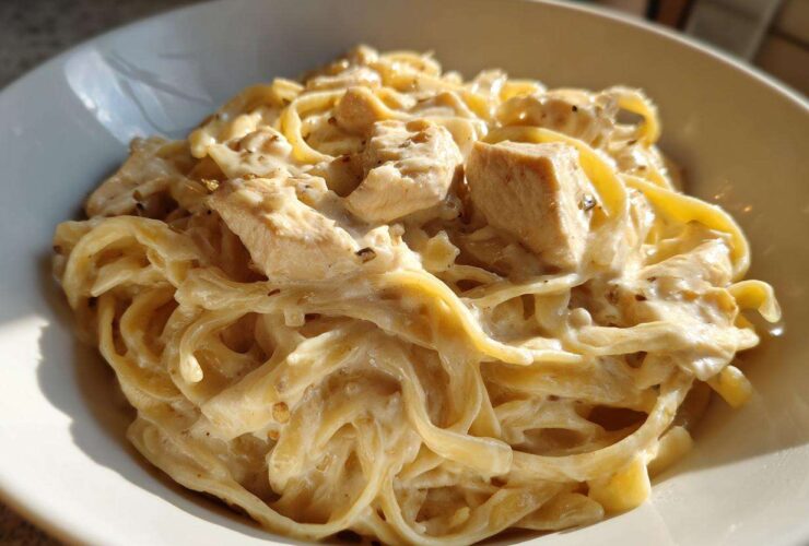 Close-up of a white bowl filled with rich Creamy Alfredo Pasta with Chicken and Cheese, featuring fettuccine noodles.
