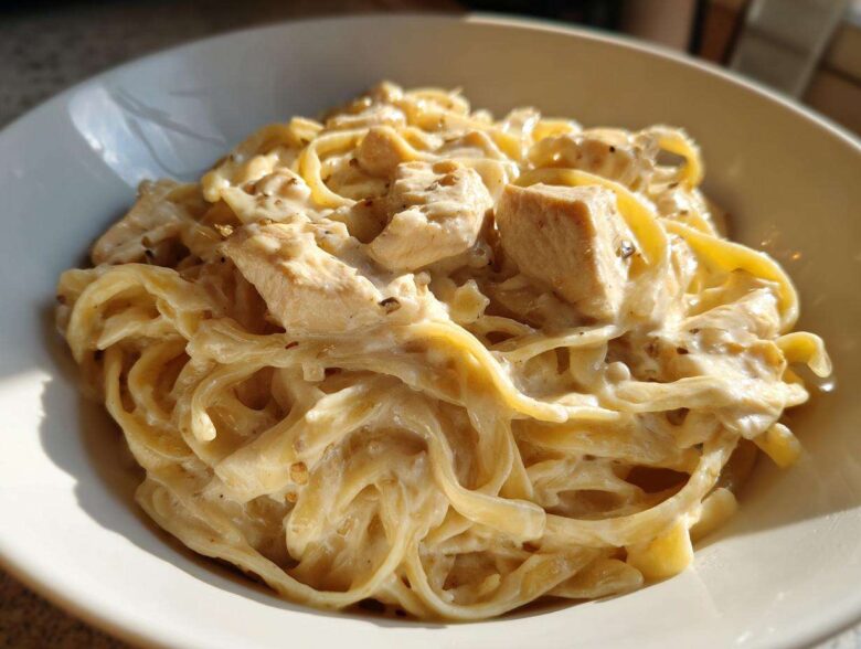 Close-up of a white bowl filled with rich Creamy Alfredo Pasta with Chicken and Cheese, featuring fettuccine noodles.