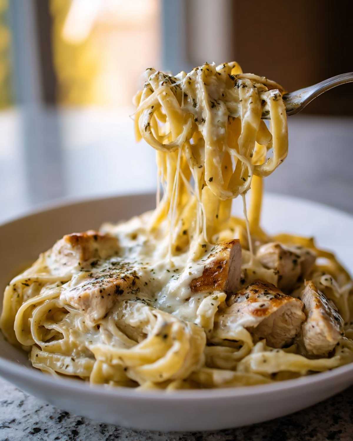 A fork lifts fettuccine noodles coated in rich sauce from a bowl of Creamy Alfredo Pasta with Chicken and cheese pull.