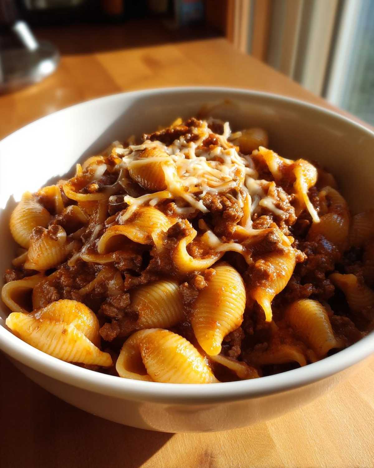A close-up of a white bowl filled with Creamy Beef and Shells Pasta, topped with melted cheese.