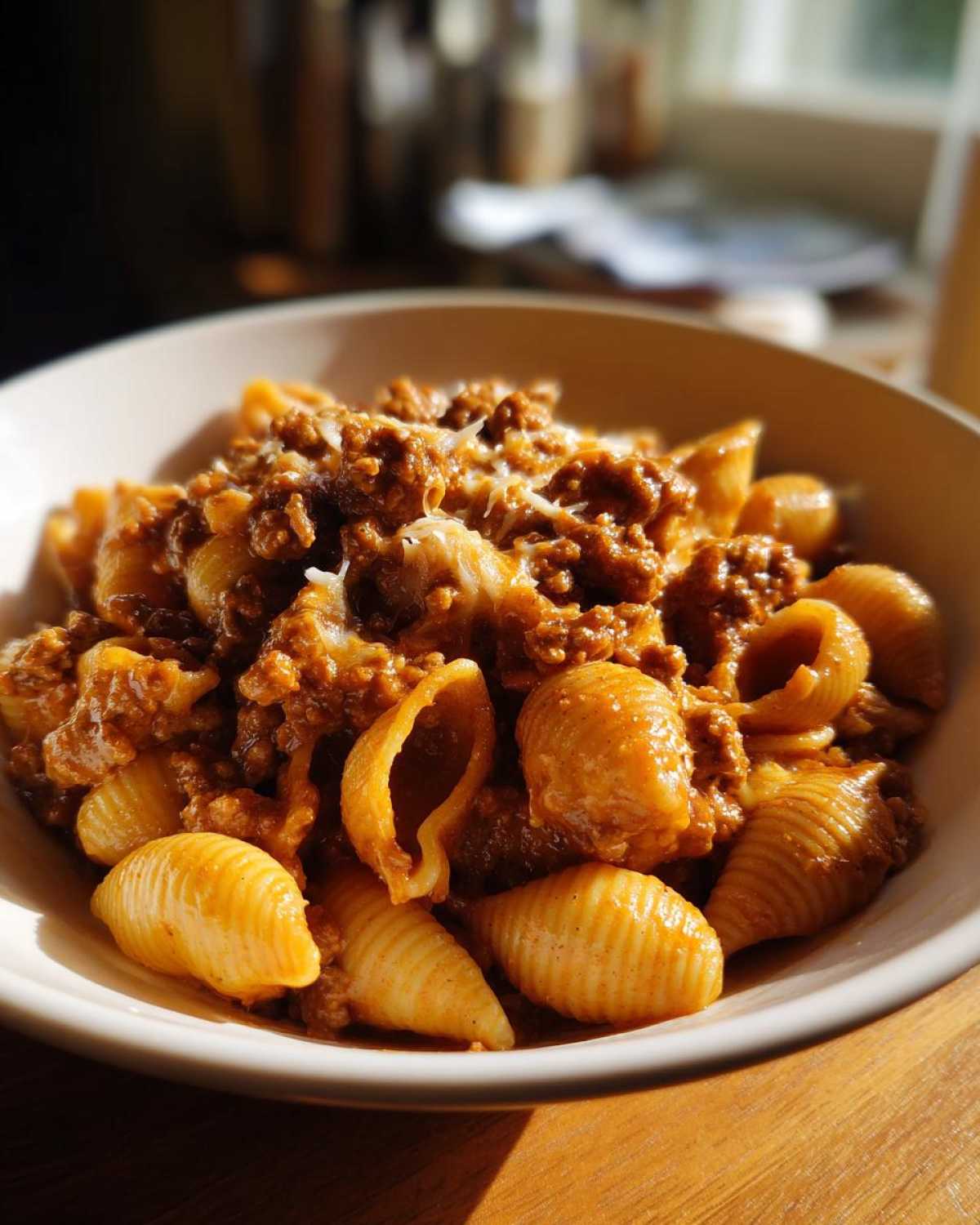 A close-up of a bowl filled with creamy beef and shells pasta, topped with melted cheese.