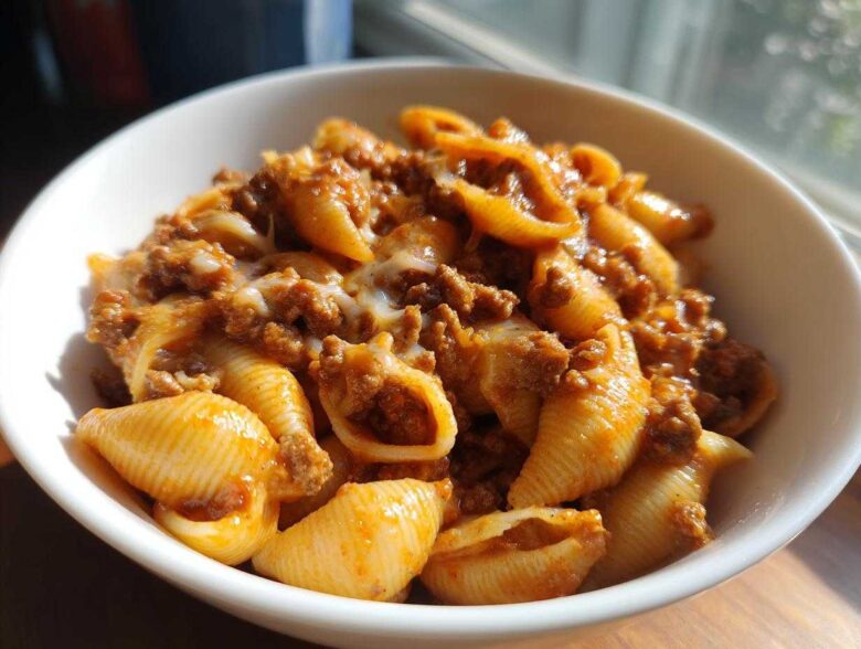 A white bowl filled with creamy beef and shells pasta, featuring ground beef in a rich sauce and melted cheese.
