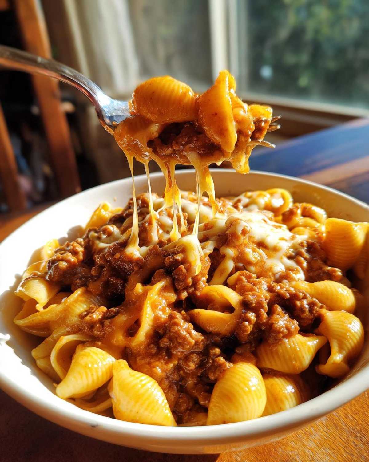 A fork lifts a cheesy portion of Creamy Beef and Shells Pasta Quick Dinner, showing dramatic cheese pulls.