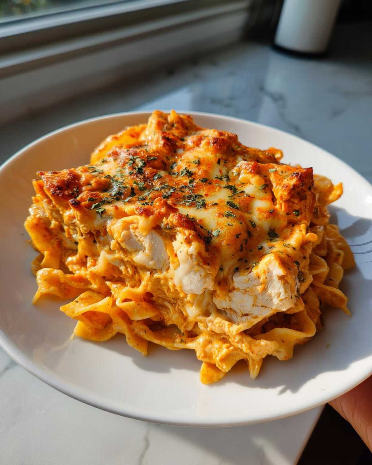 A close-up serving of Creamy Cajun Chicken Alfredo Bake with melted cheese and parsley.