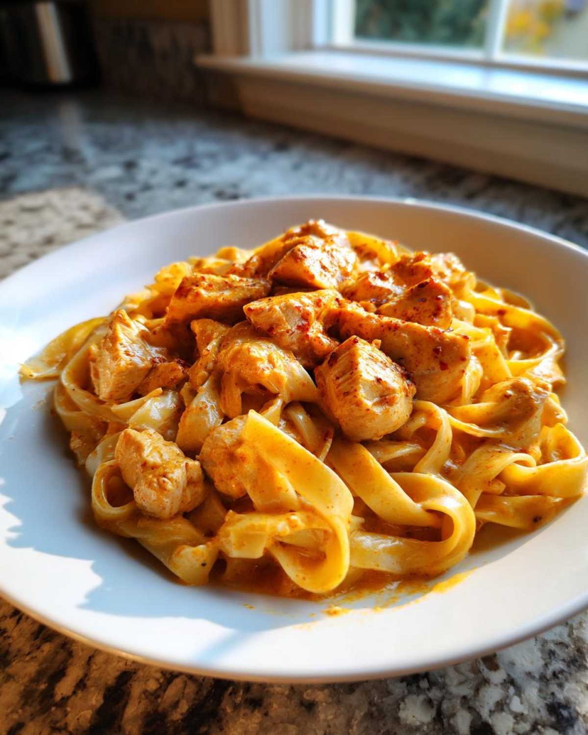 A close-up of a white bowl filled with Creamy Cajun Chicken Pasta with Bold Flavor, featuring fettuccine and seasoned chicken chunks.
