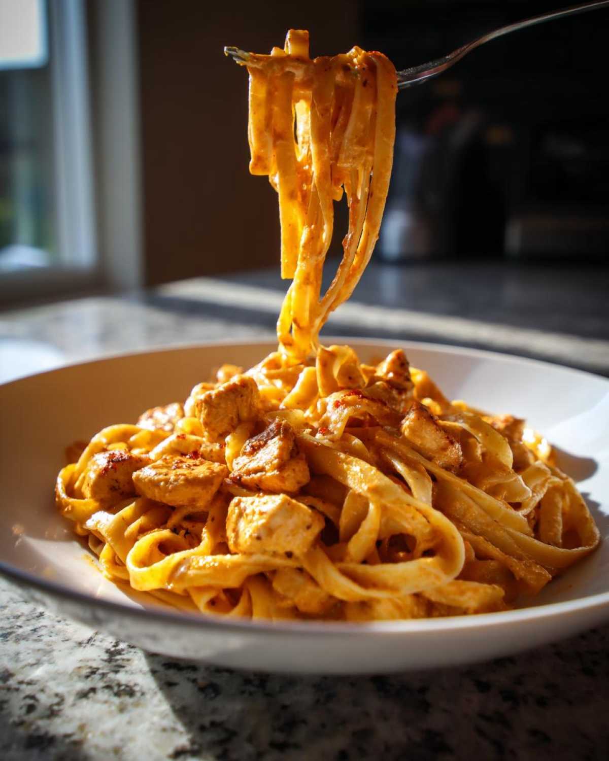 A fork lifts fettuccine noodles coated in creamy sauce and seasoning from a bowl of Creamy Cajun Chicken Pasta.