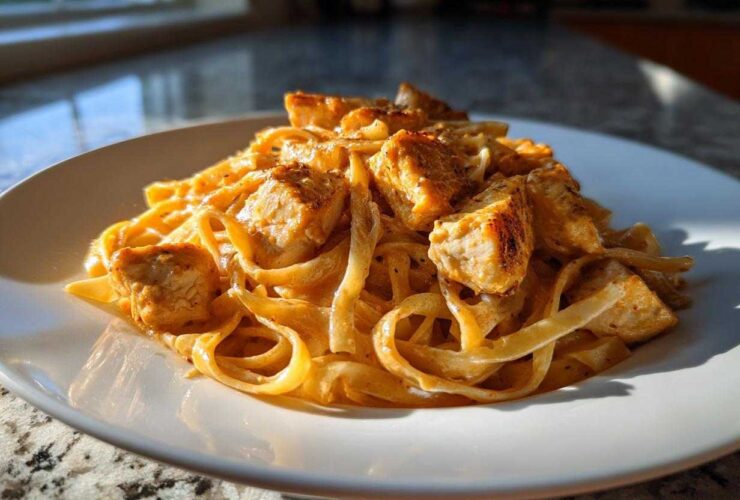 Close-up of fettuccine pasta coated in a creamy sauce, topped with seasoned, seared chicken pieces for Creamy Cajun Chicken Pasta with Bold Flavor.