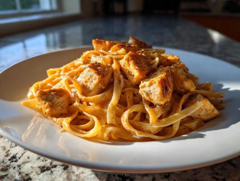 Close-up of fettuccine pasta coated in a creamy sauce, topped with seasoned, seared chicken pieces for Creamy Cajun Chicken Pasta with Bold Flavor.