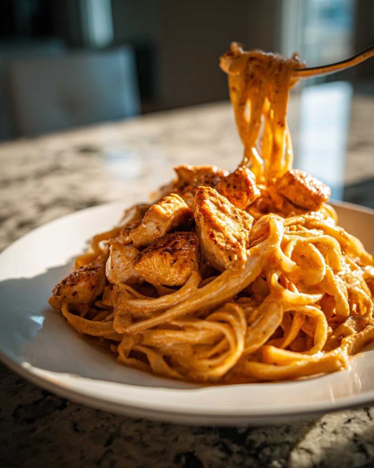 A fork lifts fettuccine coated in a rich, orange sauce, topped with seasoned chicken pieces from a plate of Creamy Cajun Chicken Pasta with Bold Flavor.