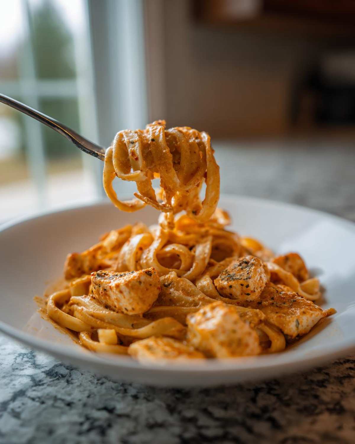 A fork lifts fettuccine coated in orange sauce and chunks of seasoned chicken from a bowl of Creamy Cajun Chicken Pasta with Bold Flavor.