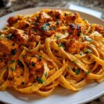 Close-up of a serving of Creamy Cajun Chicken Pasta with fettuccine noodles, topped with seasoned chicken pieces and fresh parsley.