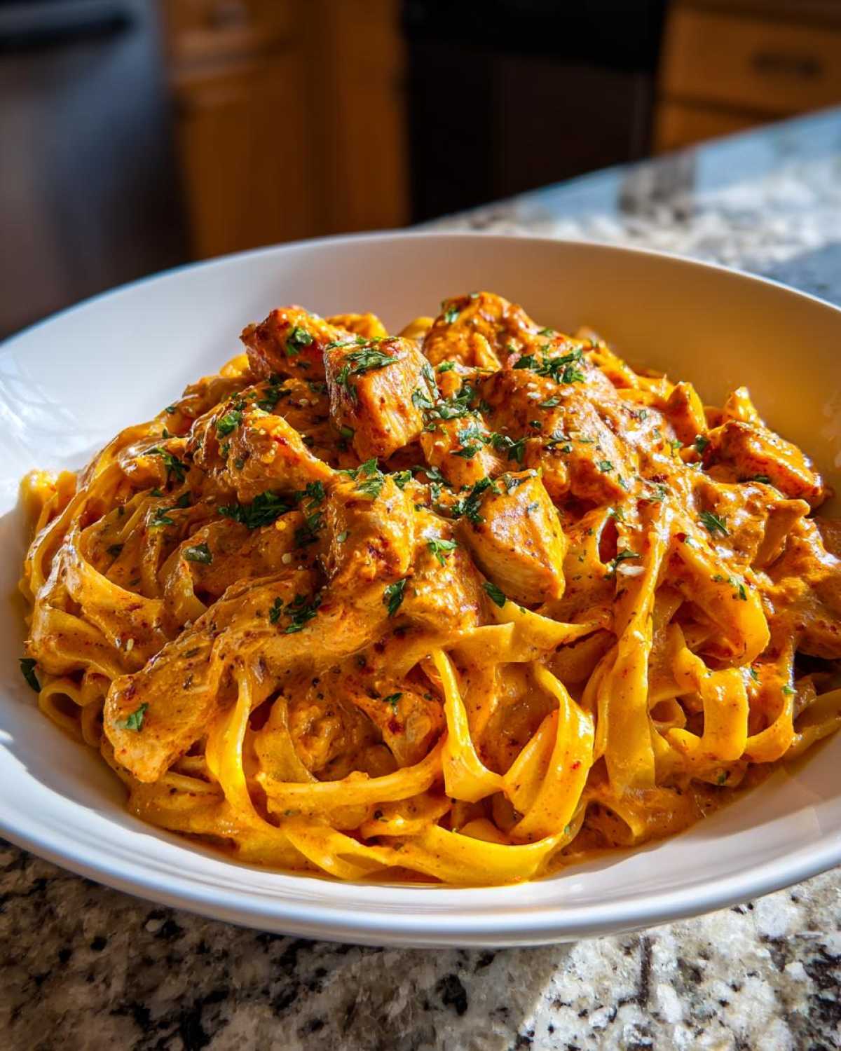 Close-up of a white bowl filled with Creamy Cajun Chicken Pasta, featuring fettuccine noodles and seasoned chicken pieces topped with parsley.