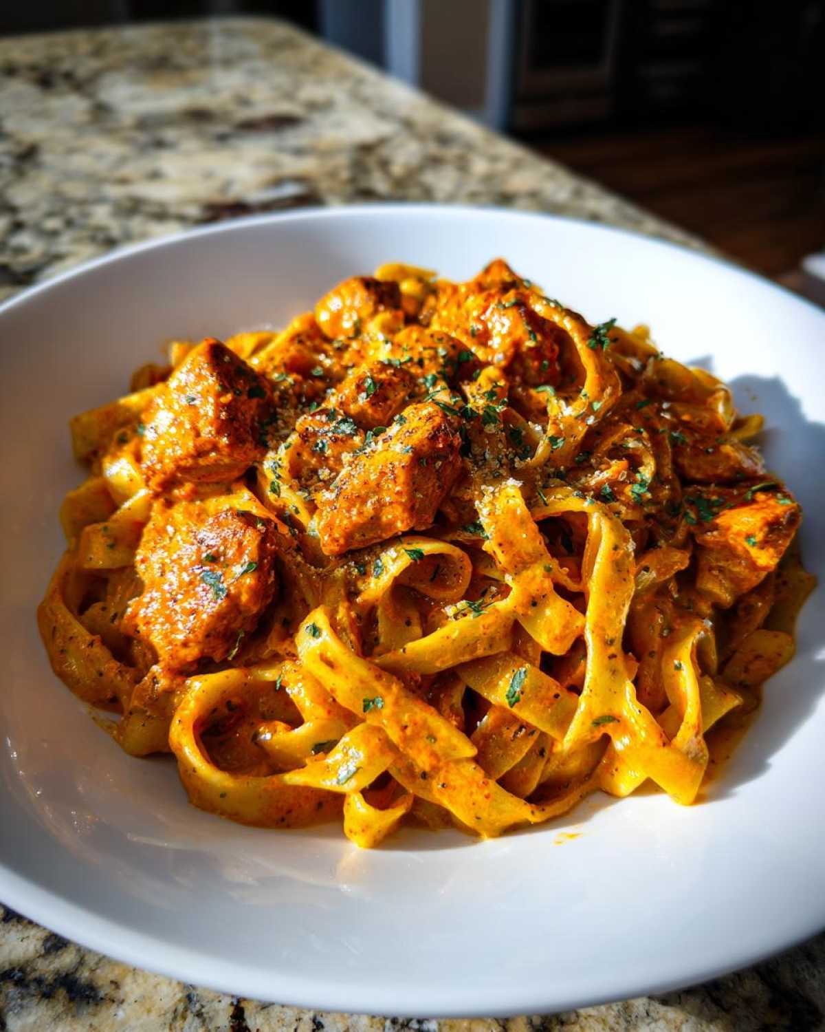 Close-up of a bowl of Creamy Cajun Chicken Pasta featuring fettuccine noodles and seasoned chicken pieces in a rich sauce.